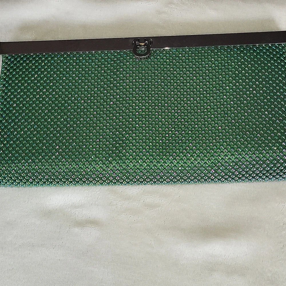 bebe Green Crystal Mesh Clutch